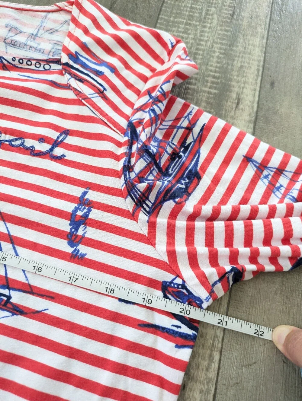 Red White Striped Nautical Top Sailing Coastal Embroidered Size L